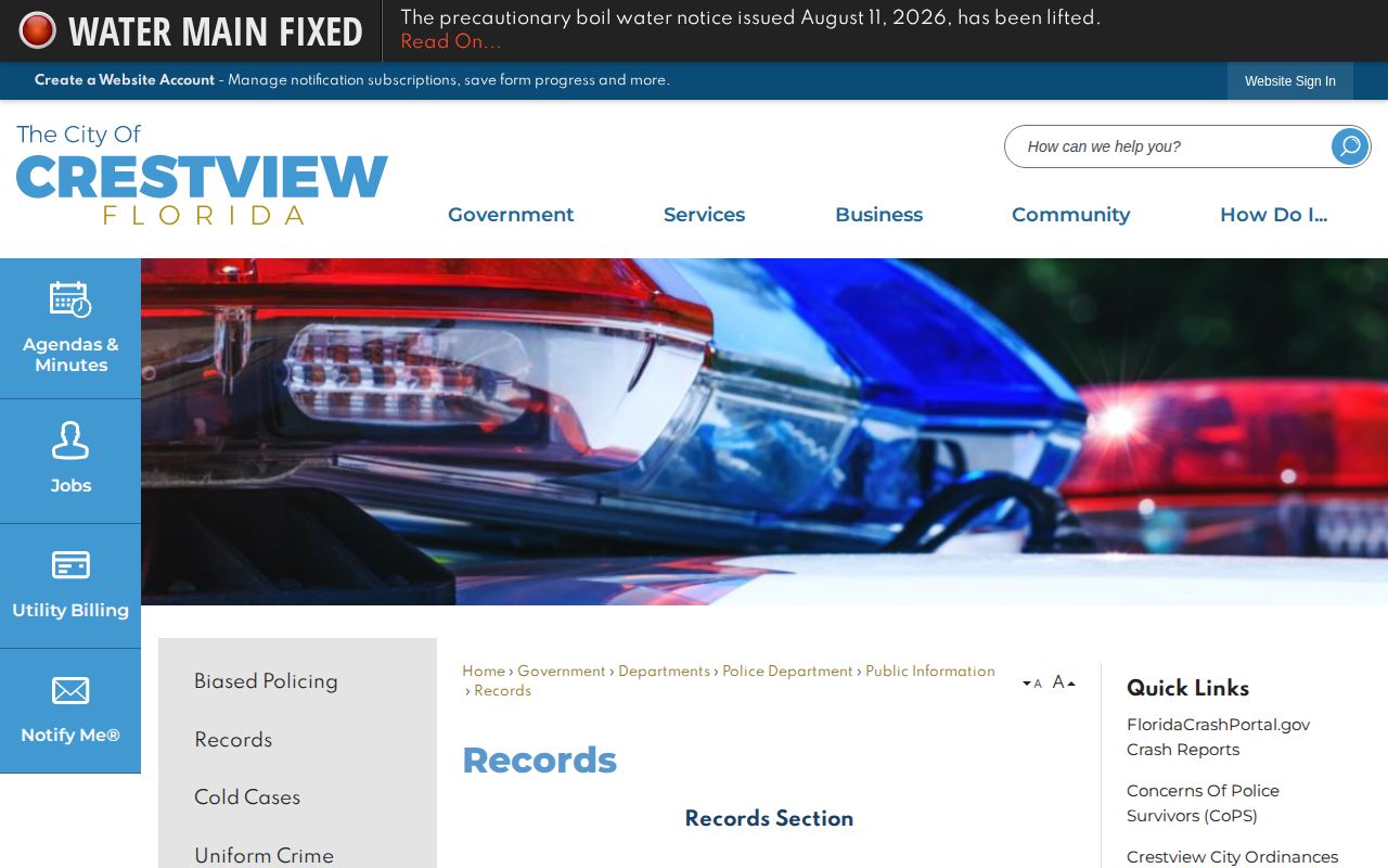 Crestview Police arrest records request page for Okaloosa County booking records