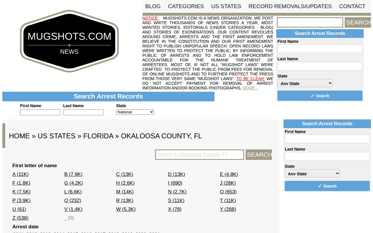 Unofficial Mugshots.com Okaloosa County arrest record archive interface