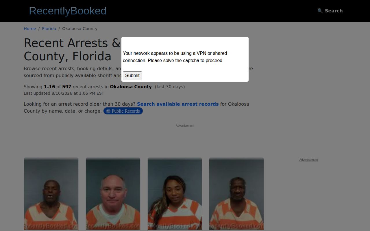 Unofficial RecentlyBooked Okaloosa County arrest and mugshot archive landing