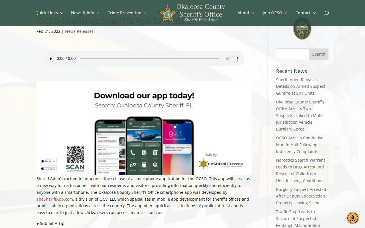 Okaloosa County Sheriff app warrants and recent arrests features