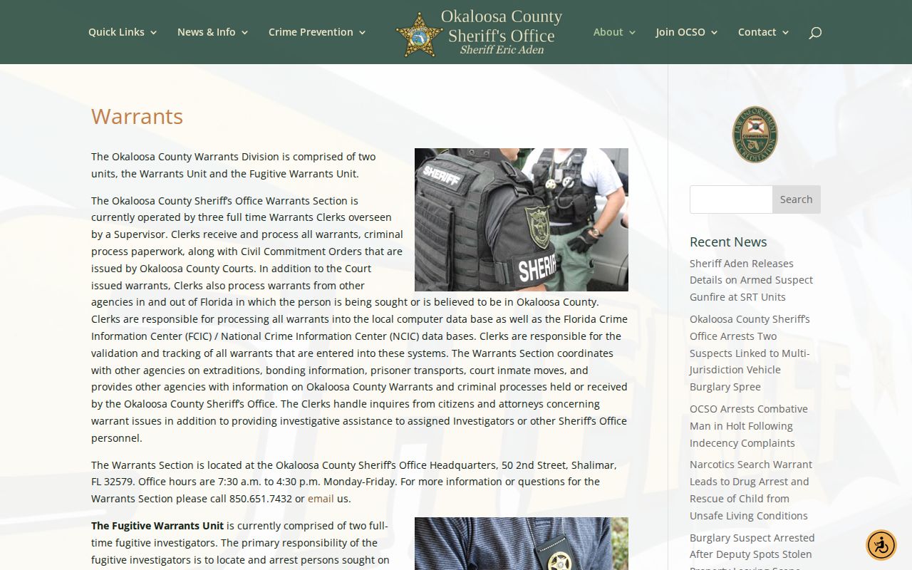 Okaloosa County Sheriff Warrants Section information