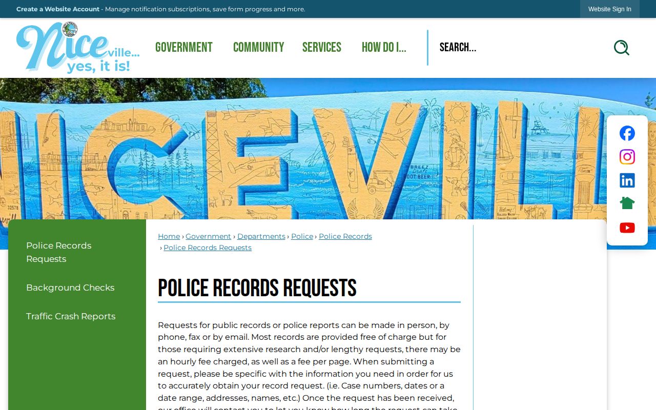 Niceville Police Department arrest record request page for Okaloosa County